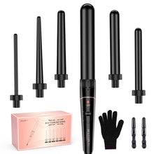 Load image into Gallery viewer, Long Barrel Curling Iron Wand Set, BESTOPE PRO 6 in 1 Curling Wand Set with Ceramic Barrel for Long/Medium Hair, 0.35"-1.25" Interchangeable Hair Wand Curler, Dual Volts, Include Glove & Clips - Black