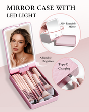Load image into Gallery viewer, Makeup Brushes with Case, 20PCs Travel Makeup Brush Set, Foundation Concealer Blush Eyeshadow Brush Set Contour Powder Eyebrow Eyelash Brush Kit with Led Light Mirror Holder & 2 Powder Puff-Pink