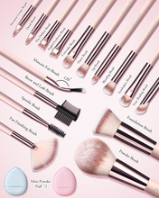 Load image into Gallery viewer, Makeup Brushes with Case, 20PCs Travel Makeup Brush Set, Foundation Concealer Blush Eyeshadow Brush Set Contour Powder Eyebrow Eyelash Brush Kit with Led Light Mirror Holder & 2 Powder Puff-Pink