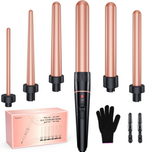 Load image into Gallery viewer, Long Barrel Curling Iron Wand Set, BESTOPE PRO 6 in 1 Curling Wand Set with Ceramic Barrel for Long/Medium Hair, 0.35"-1.25" Interchangeable Hair Wand Curler, Dual Voltage, Include Glove & Clips