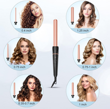 Load image into Gallery viewer, Long Barrel Curling Iron Wand Set, BESTOPE PRO 6 in 1 Curling Wand Set with Ceramic Barrel for Long/Medium Hair, 0.35"-1.25" Interchangeable Hair Wand Curler, Dual Voltage, Include Glove & Clips