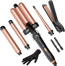 Load image into Gallery viewer, 5 in 1 Wand Curling Iron-Kinked Curling Wand Set with Flat Iron Hair Straightener, 3 Barrels Hair Crimper, 3 Ceramic Curling Irons (0.35 "-1.25"), 2 Temps Fast Heat Hair Waver Curler with Glove & Clip