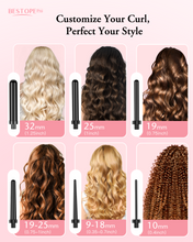 Load image into Gallery viewer, Long Barrel Curling Iron Wand Set, BESTOPE PRO 6 in 1 Curling Wand Set with Ceramic Barrel for Long/Medium Hair, 0.35"-1.25" Interchangeable Hair Wand Curler, Dual Volts, Include Glove & Clips - Black
