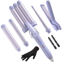 Load image into Gallery viewer, 5 in 1 Wand Curling Iron-Curling Wand Set with Hair Straightener, 3 Barrels Hair Crimper Iron, 3 Ceramic Curling Irons (0.35 "-1.25"), 2 Temps Fast Heat Hair Curler Waver with Glove & Clip-Purple