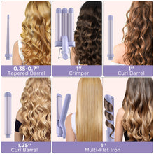 Load image into Gallery viewer, 5 in 1 Wand Curling Iron-Curling Wand Set with Hair Straightener, 3 Barrels Hair Crimper Iron, 3 Ceramic Curling Irons (0.35 "-1.25"), 2 Temps Fast Heat Hair Curler Waver with Glove & Clip-Purple