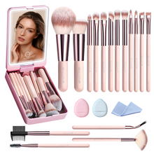 Load image into Gallery viewer, Makeup Brushes with Case, 20PCs Travel Makeup Brush Set, Foundation Concealer Blush Eyeshadow Brush Set Contour Powder Eyebrow Eyelash Brush Kit with Led Light Mirror Holder & 2 Powder Puff-Pink