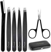 Load image into Gallery viewer, BESTOPE Pro Tweezers Set 6-Piece, Eyebrow Tweezers Scissors Set with Stainless Steel Point Slant Flat Tip Tweeze and Eyebrow Razor and Scissors for Eyebrows Plucking, Facial Body / Ingrown Hair Removal-Packed in Leather Case