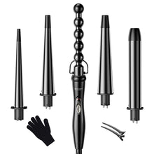 Load image into Gallery viewer, BESTOPE PRO Curling Iron 5 in 1 Curling Wand Set with 5 Interchangeable Ceramic Tourmaline Barrels 0.35"-1.25", Include Heat Resistant Glove and Clips,Black