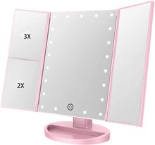 Load image into Gallery viewer, 化粧鏡 化粧ミラー 鏡 三面鏡 女優ミラー 卓上 led付き 折りたたみ 拡大鏡 2&3倍 明るさ調節可能 180°回転 電池&USB 2WAY給電