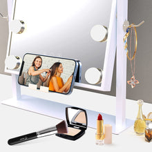 Load image into Gallery viewer, 化粧鏡 女優ミラー 卓上鏡 ハリウッドミラー 三色照明モード 明るさ調節可能 12個LED電球付き 10倍拡大鏡付き 360度回転
