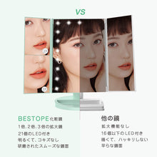 Load image into Gallery viewer, 化粧鏡 化粧ミラー 鏡 三面鏡 女優ミラー 卓上 led付き 折りたたみ 拡大鏡 2&3倍 明るさ調節可能 180°回転 電池&USB 2WAY給電