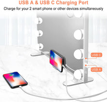 Load image into Gallery viewer, Vanity Mirror with Lights Hollywood Mirror Large Lighted Vanity Mirror with 3 Color Lights,USB A and USB C Outlet with Phone Holder,24x20 Inch,Touch Control,Sturdy Metal Frame Design