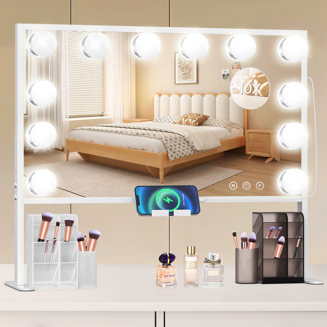 BESTOPE PRO Vanity Mirror with Lights, 23.6'' x 22.4'' Height Adjustable Hollywood Vanity Mirror with Storage, 3 Color Modes, 10X Magnification, USB Charging Port, Phone Holder, Large Makeup Mirror