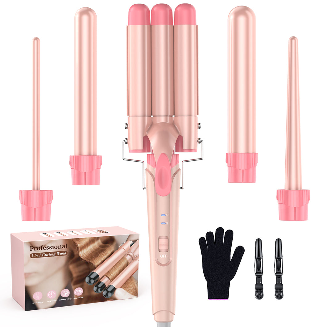 Waver Curling Iron Curling Wand - BESTOPE PRO 5 in 1 Curling Wand Set with 3 Barrel Hair Crimper for Women, Fast Heating Crimper Wand Curler in All Hair Type, Women Gifts - Leather Pink