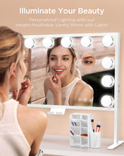 Load image into Gallery viewer, BESTOPE PRO Vanity Mirror with Lights, 23.6&#39;&#39; x 22.4&#39;&#39; Height Adjustable Hollywood Vanity Mirror with Storage, 3 Color Modes, 10X Magnification, USB Charging Port, Phone Holder, Large Makeup Mirror
