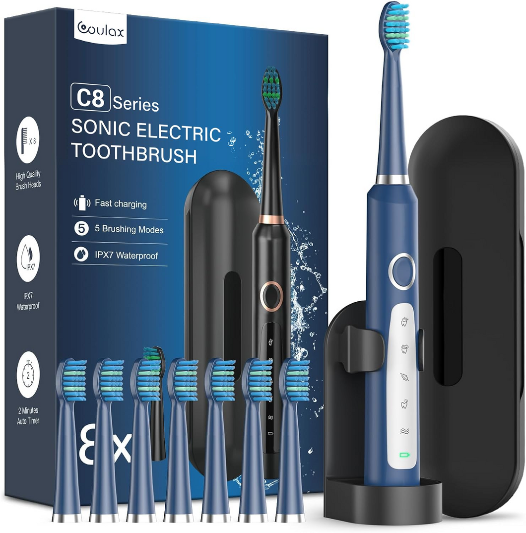 Coulax Electric Toothbrush - Coulax Sonic Electric Toothbrush Travel Toothbrush Rechargeable Teeth Rechargeable Teeth with 8 Brush Heads, Bag, 5 Modes Dark Blue, Pack of 1