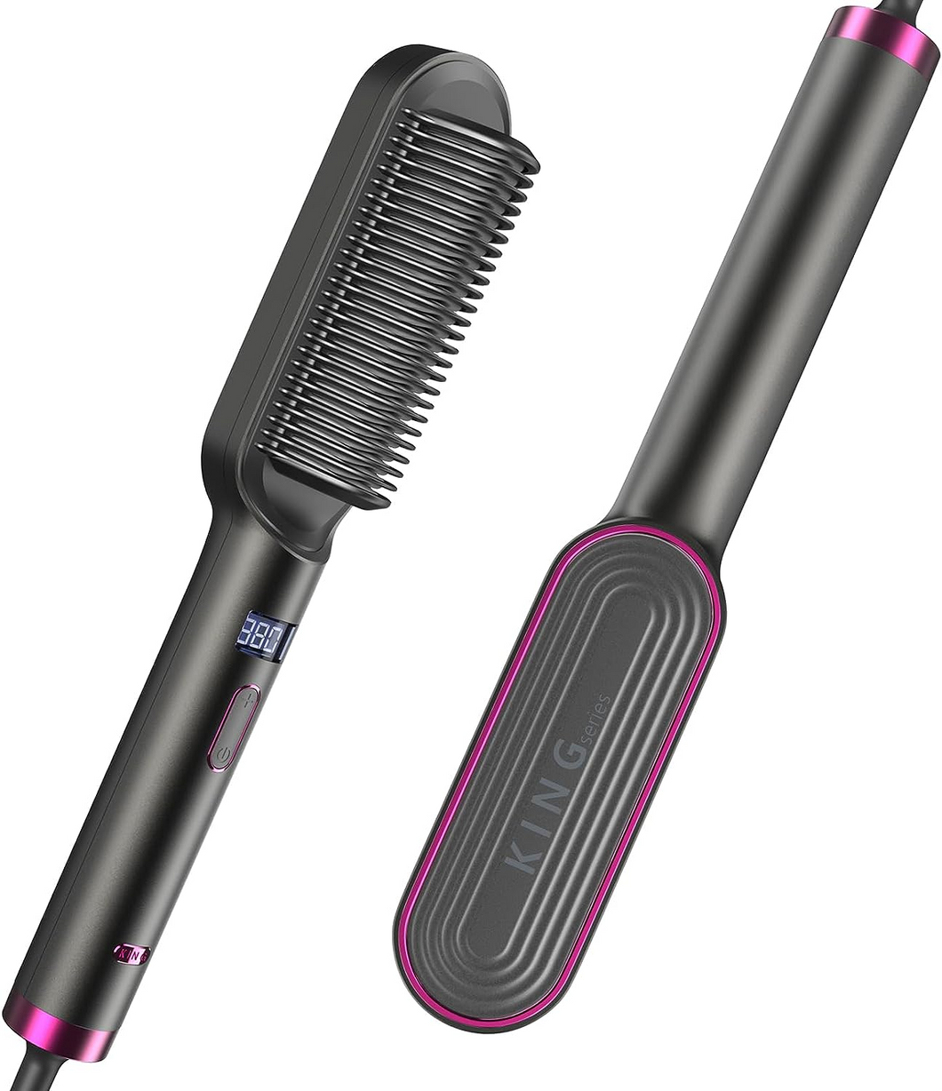 Hair Straightener Brush-Negative Ion Hair Straightener Styling Comb, 9 Temps 30s Fast Heat Straightening Brush with Hot Comb&Led Display, Straightening Comb for Women Curl, Auto Off&Anti Scald-Gray