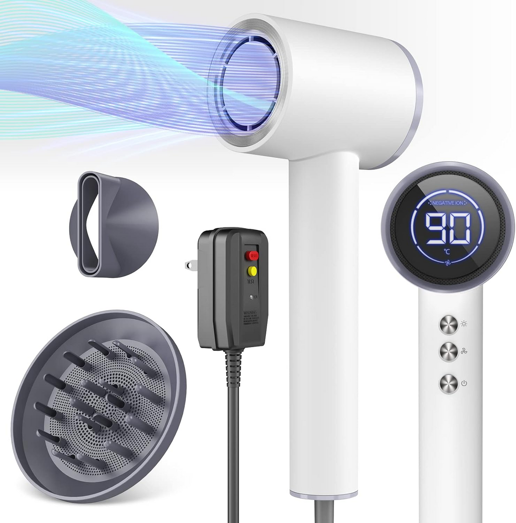 Professional Hair Dryer Blow Dryer with Diffuser, 110,000RPM High-speed Blow Dryer for Fast Dry, Negative Ionic Hair Dryer, Magnetic Nozzle&LED Display, Portable Hair Dryer for Travel Home Salon