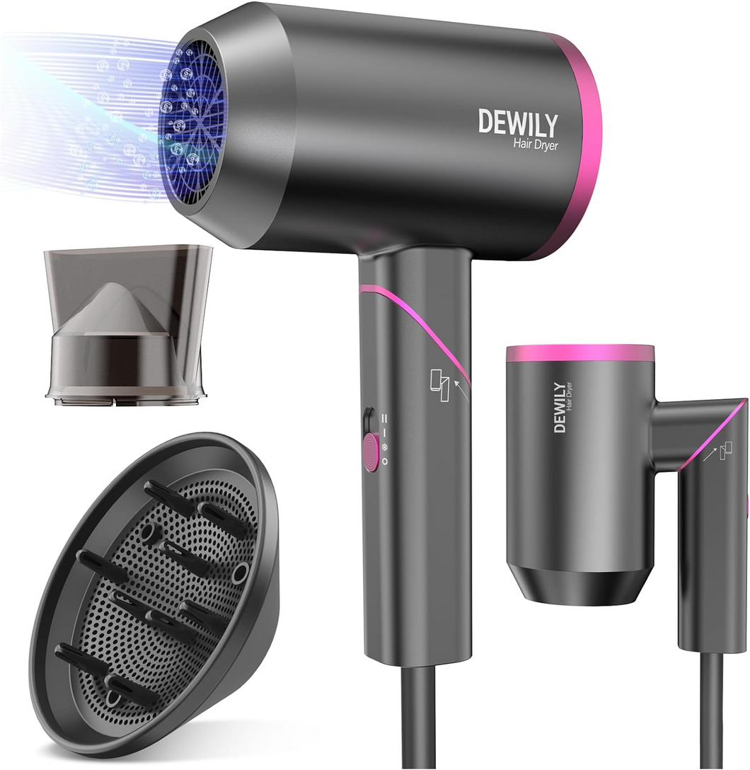 Hair Dryer Travel Hairdryers for Women Men-DEWILY Powerful Foldable Ironic Hair Dryers for Curly Hair and Straight Hair，Small Blow Dryer for Women Men, Fast Drying