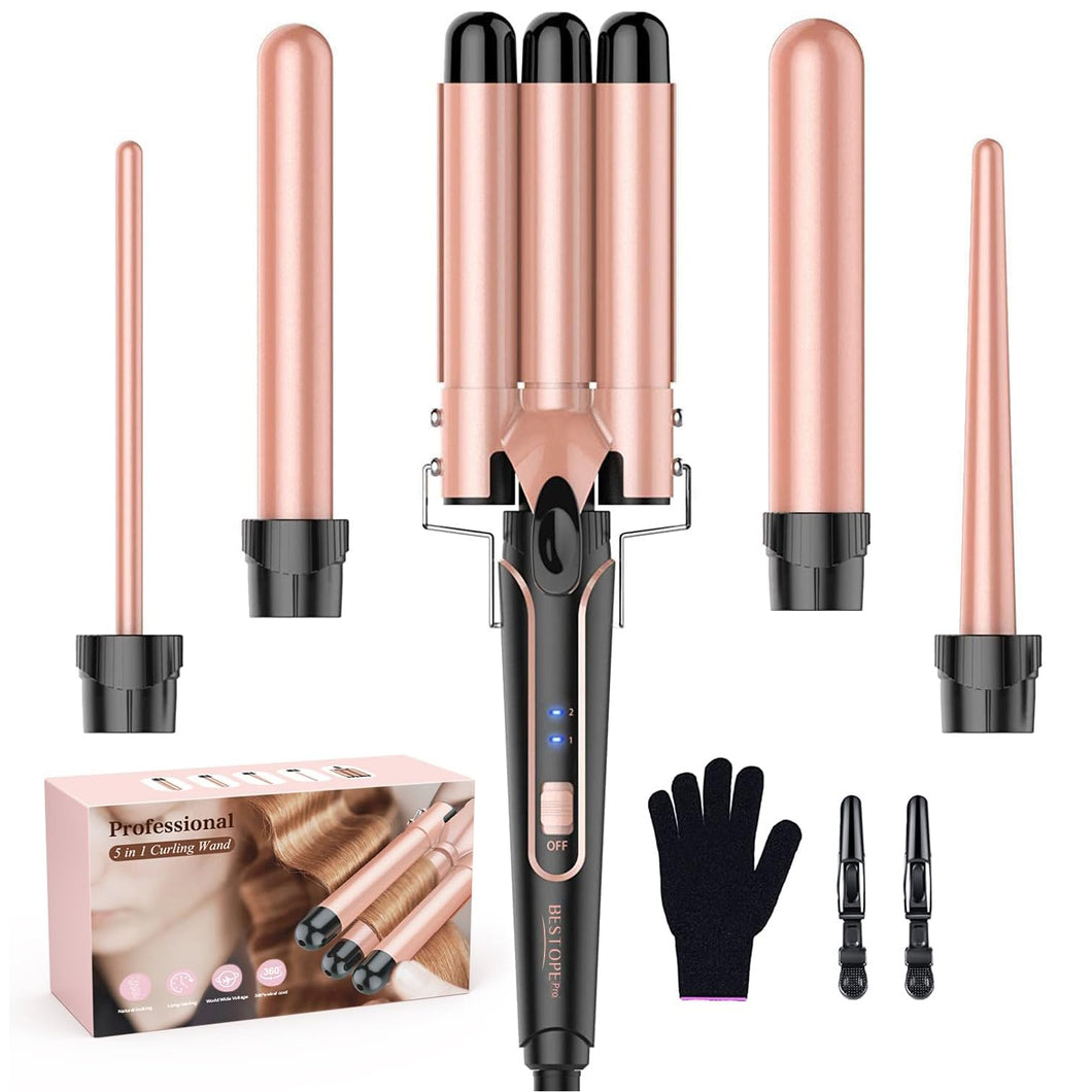 BESTOPE PRO Curling Iron Curling Irons 3 Barrels Wave Iron 5 in 1 - Curling Iron Set 3 Barrels for Large Waves, Temperature Setting, Quick Heating and a Glove, 2 Clips, Rose Gold
