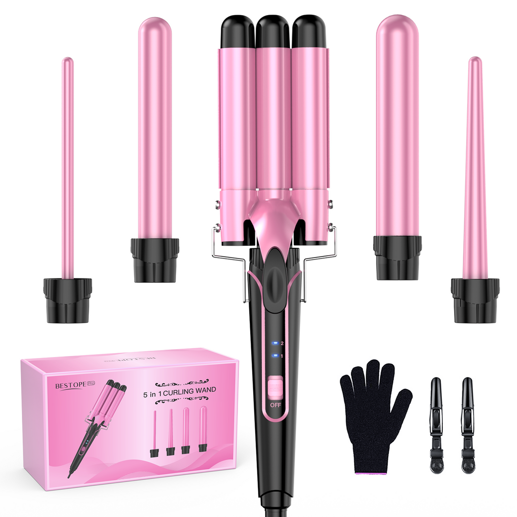 Waver Curling Iron Curling Wand - BESTOPE PRO 5 in 1 Curling Wand Set with 3 Barrel Hair Crimper for Women, Fast Heating Crimper Wand Curler in All Hair Type, Women Gifts-Pink