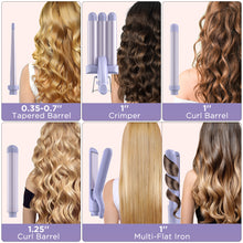 Load image into Gallery viewer, 5 in 1 Wand Curling Iron-Curling Wand Set with Hair Straightener, 3 Barrels Hair Crimper Iron, 3 Ceramic Curling Irons (0.35 &quot;-1.25&quot;), 2 Temps Fast Heat Hair Curler Waver with Glove &amp; Clip-Purple

