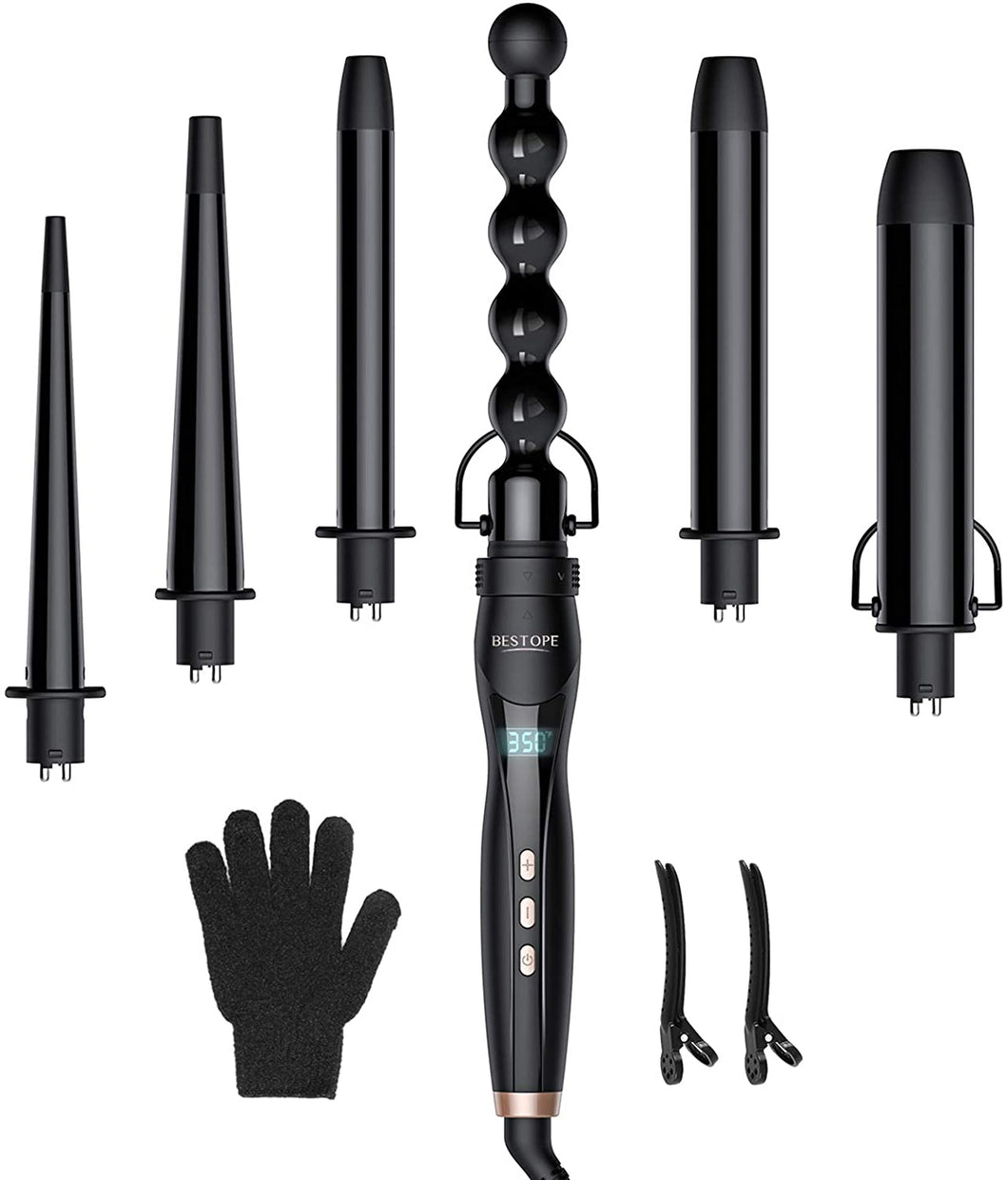 Lockenstab Set BESTOPE Pro Upate Lockenstäbe 6 in 1 Welleneisen mit Lockenwickler 30s schnelle Heizung Wellenstyler Keramikbeschichtung mit LCD-Display