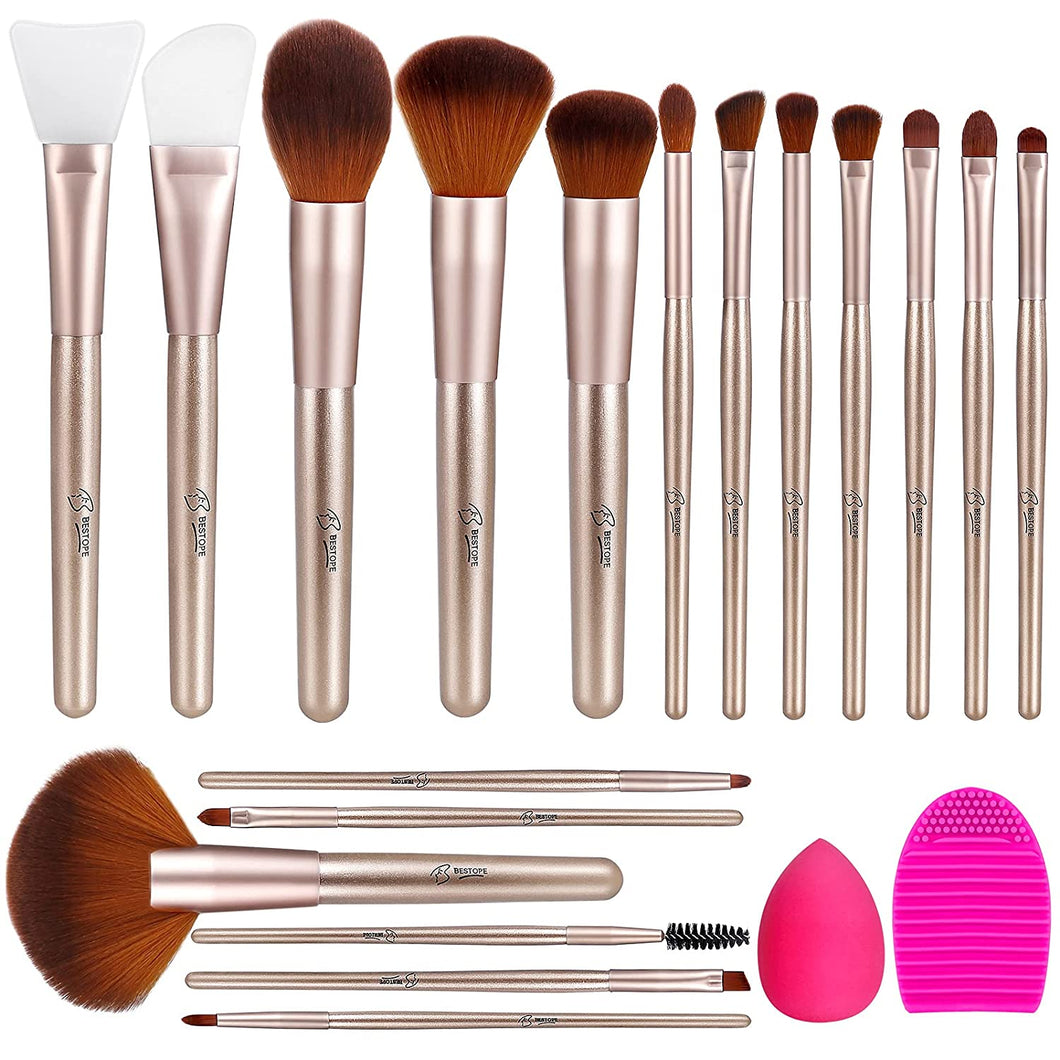BESTOPE Pro Makeup Brushes 16PCs Premium Synthetic Professional Makeup Brush set with 2PCs Silicone Face Mask Brush 1 Makeup Sponge and 1 Brush Cleaner Foundation Brushes Blending Shadows Make Up Brushes