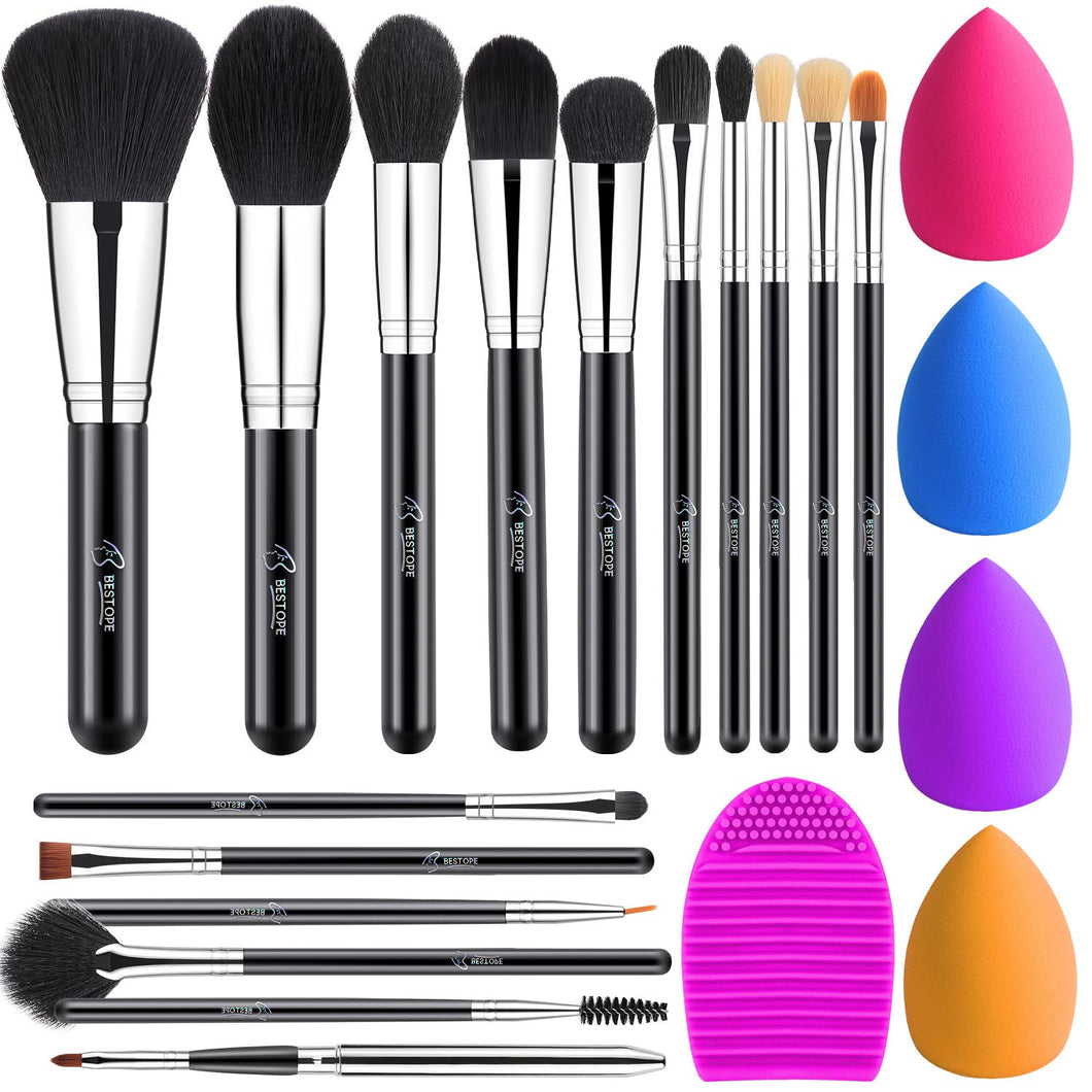 BESTOPE Pro 16Pcs Makeup Brushes Set, 4Pcs Beauty Blender Sponge Set and 1 Brush Cleaner, Premium Synthetic Foundation Brushes Blending Face Powder Eye Shadows Make Up Brushes Kit